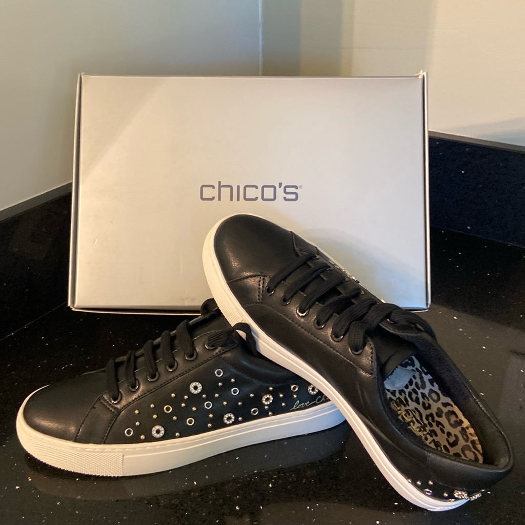 Nib Chico’s Black W/ Gold & Silver Metallic Rivets, Beads, Pave Ilima Sneakers